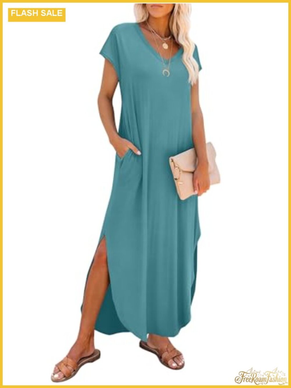 Women's Cap Sleeve Maxi Dress with Pockets V-Neck Summer Sundress